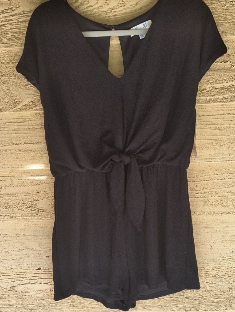 She + Sky Sparkle Black Tie Front V Neck Romper
